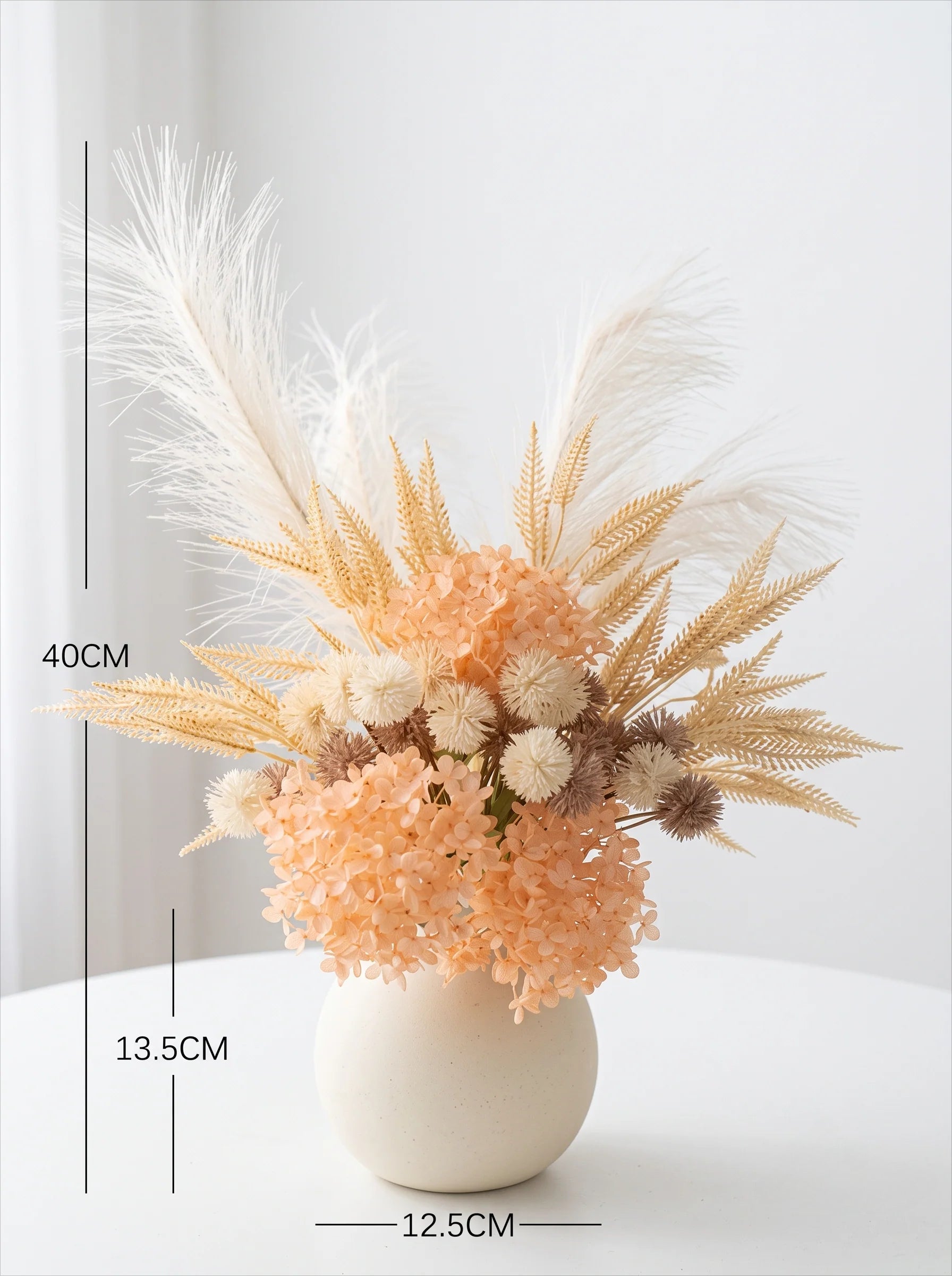 Faux Floral Arrangement - Peach Hydrangea & Neutral Pampas Grass