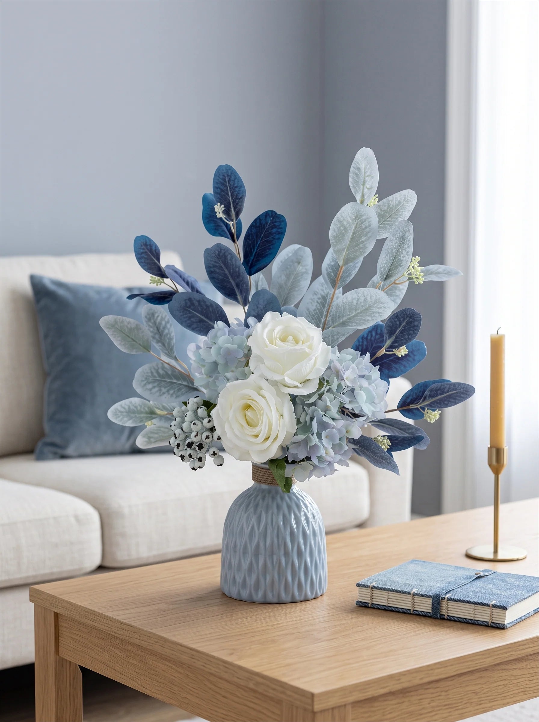 Blue & White Harmony Faux Floral Bouquet with Frosted Foliage