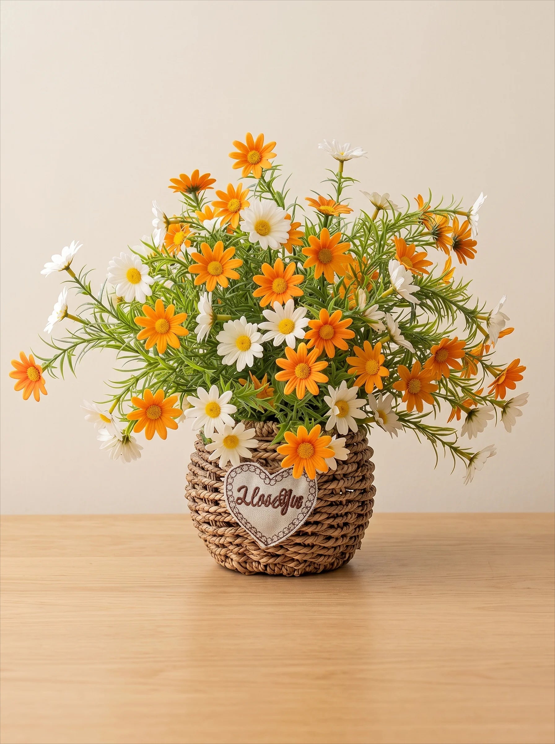 Sunlit Daisy & Chamomile Faux Floral Basket Arrangement