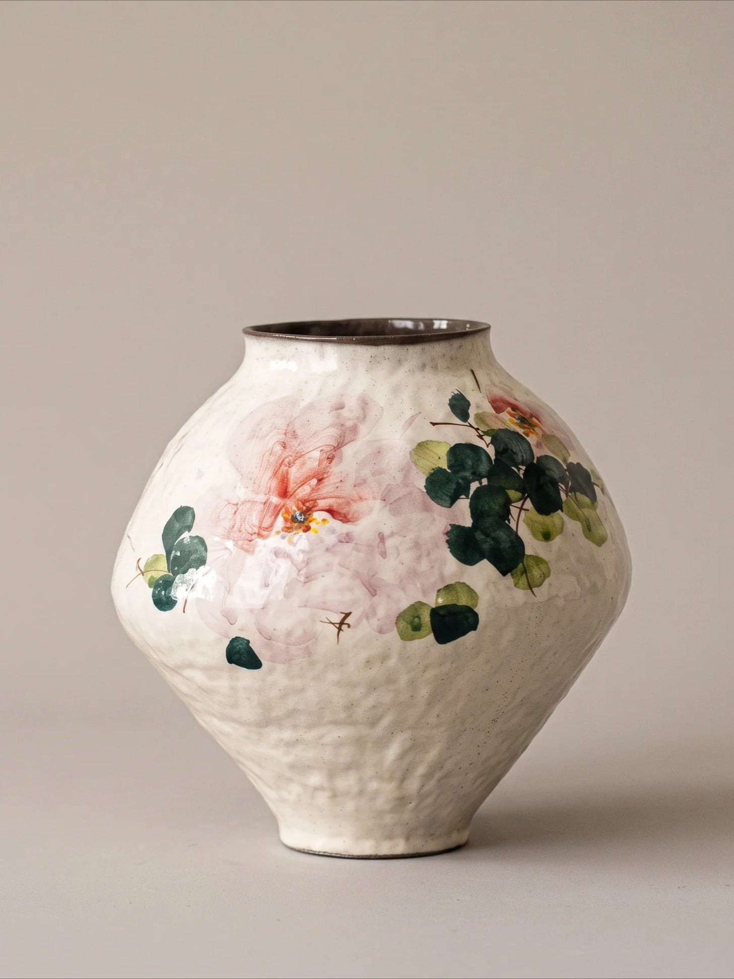 Vintage Chinoiserie Peony Painted Stoneware Vase