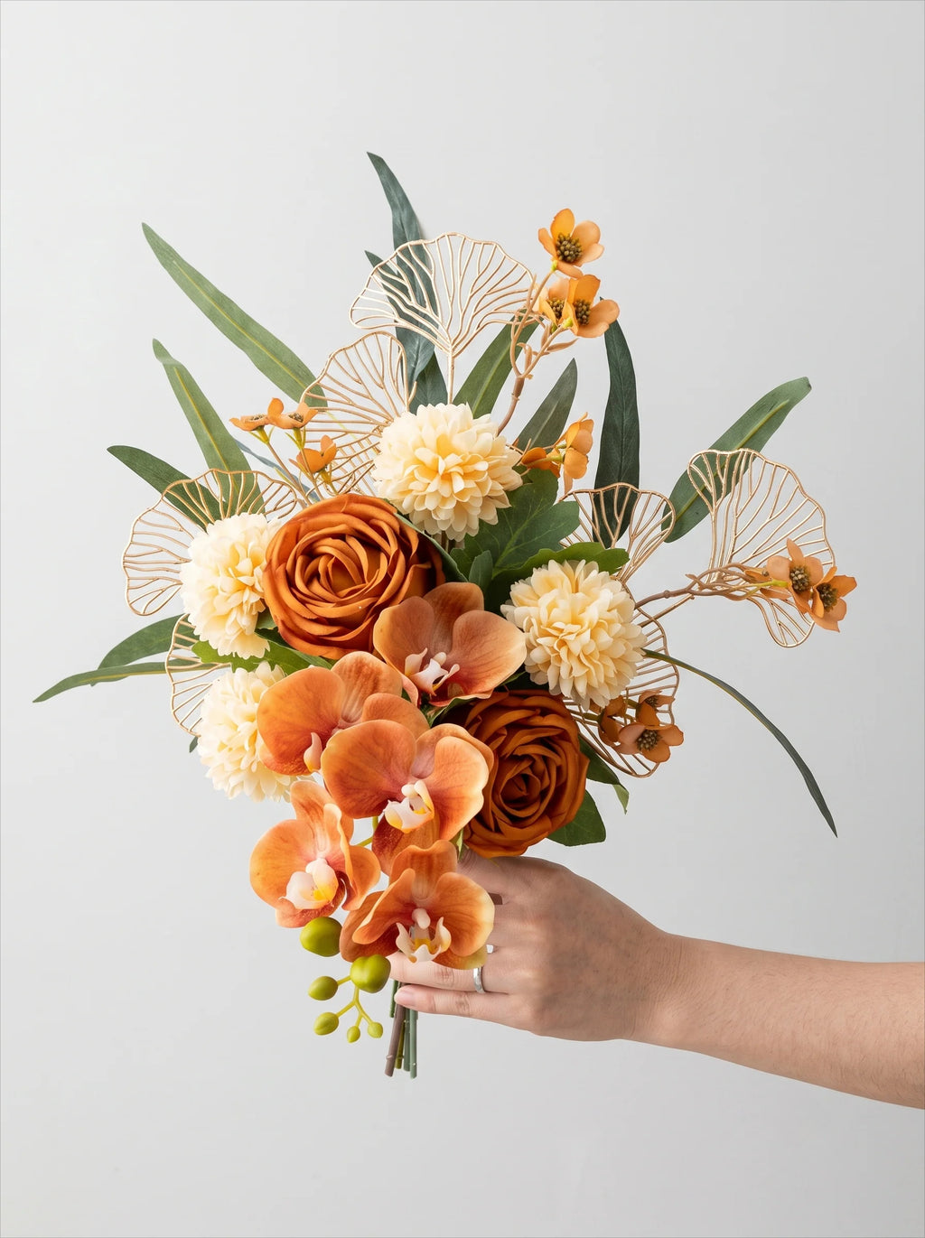 Luxury Mid-Century Amber Orchid Artificial Floral Arrangement
