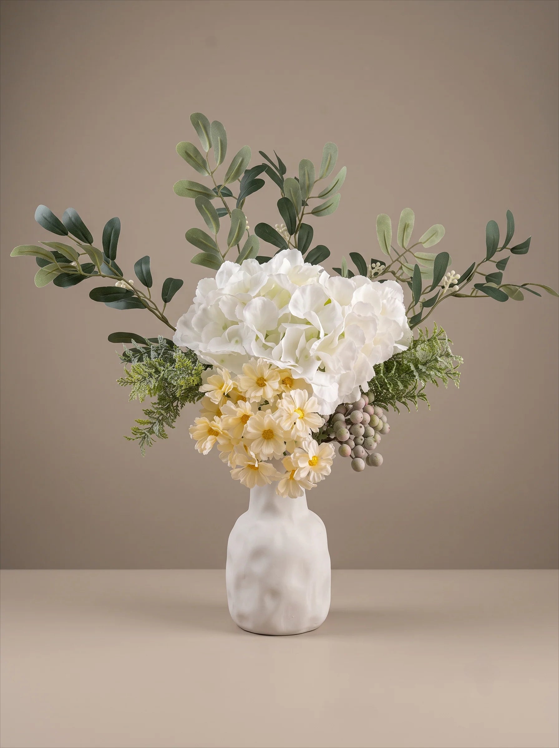 Eucalyptus & White Hydrangea Faux Floral Arrangement