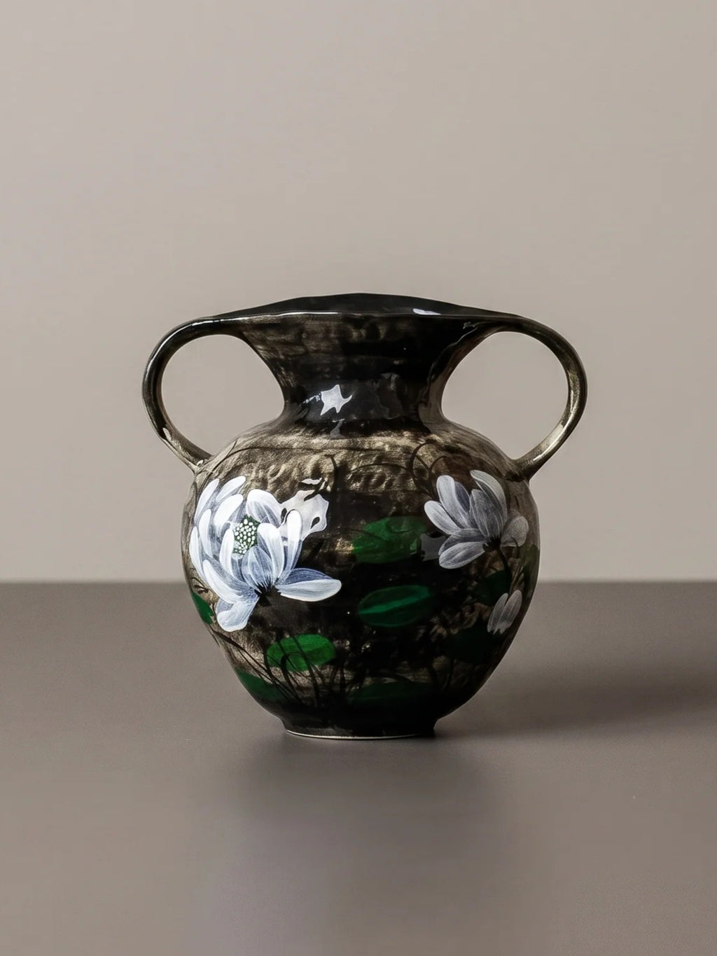 Hand-Painted White Lotus Two-Handled Vase
