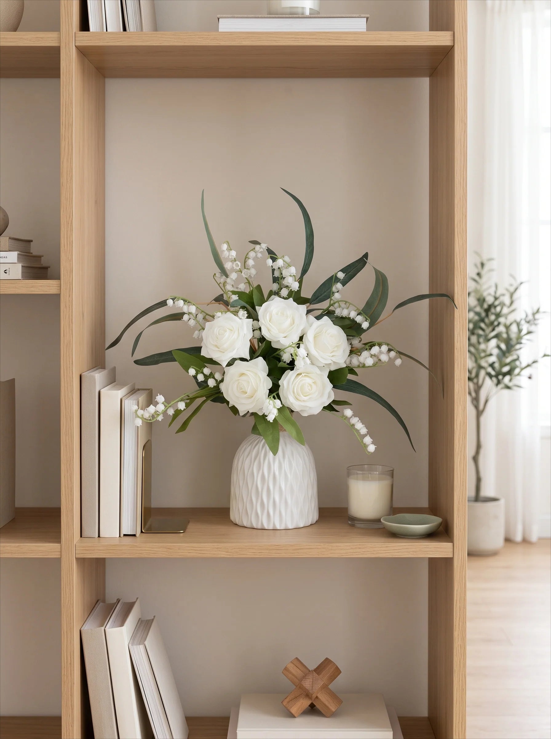 Pure Elegant White Rose & Lily of the Valley Artificial Floral Arrangement