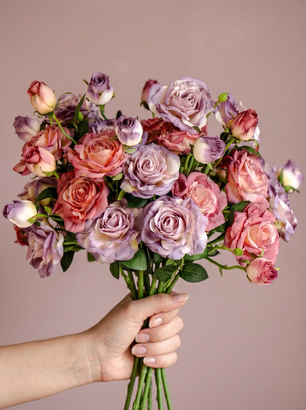 Vintage Hued Pink and Lavender Rose Faux Floral Arrangement