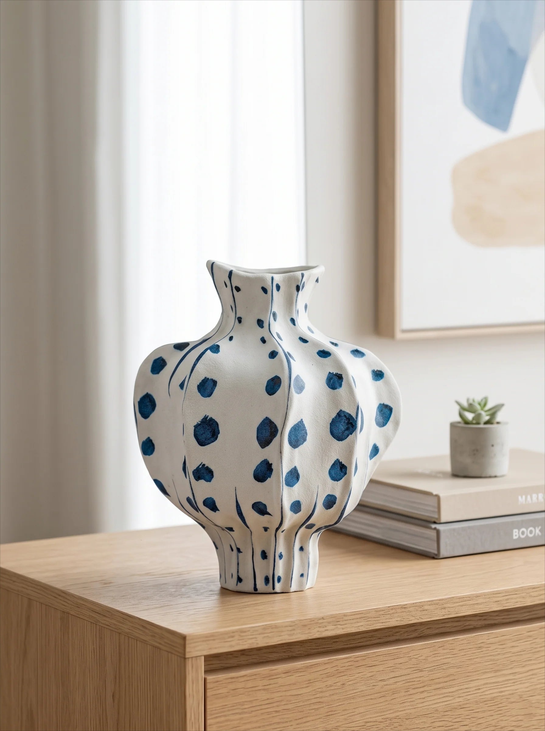 Elegant Sculptural Blue Polka-Dot Ceramic Vase