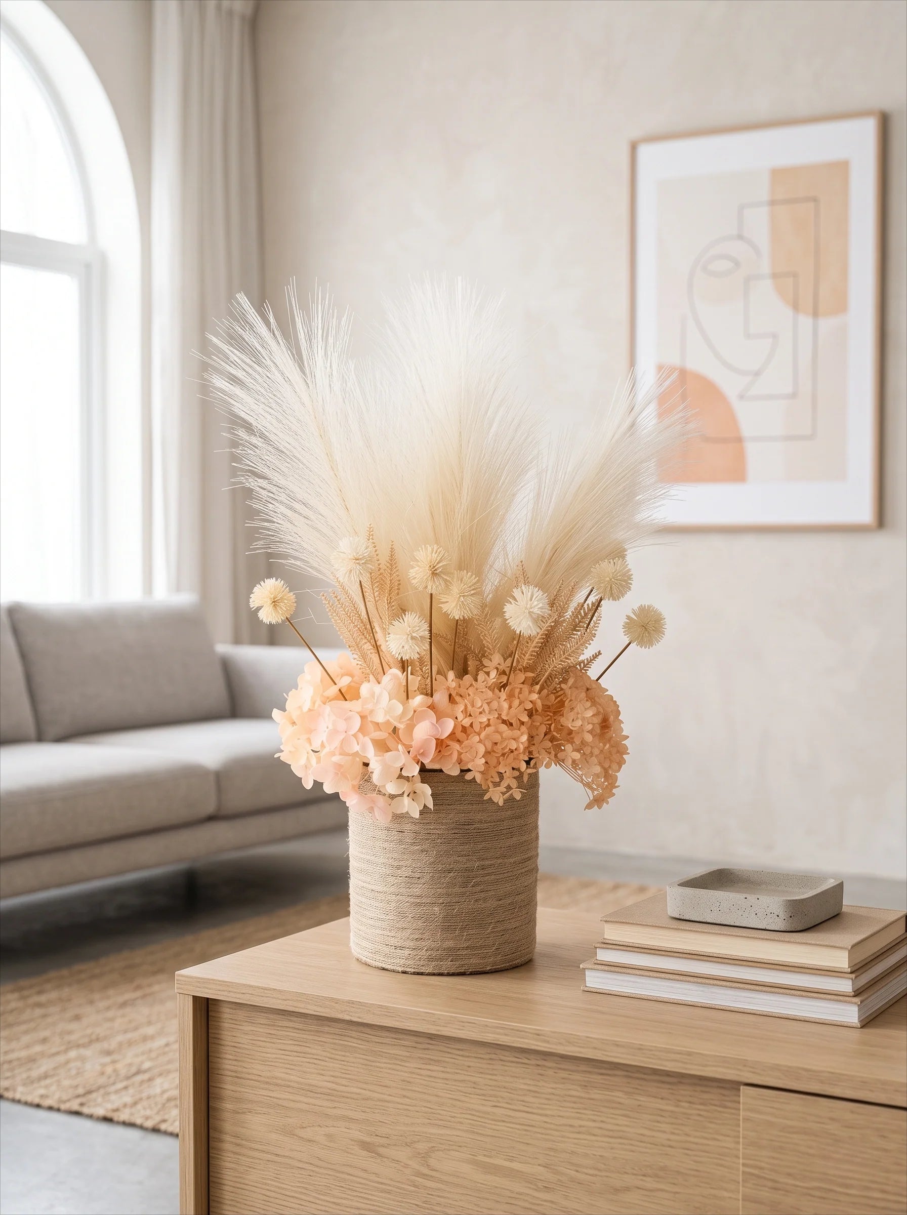 Modern Boho Creamy Pampas & Hydrangea Artificial Floral Arrangement
