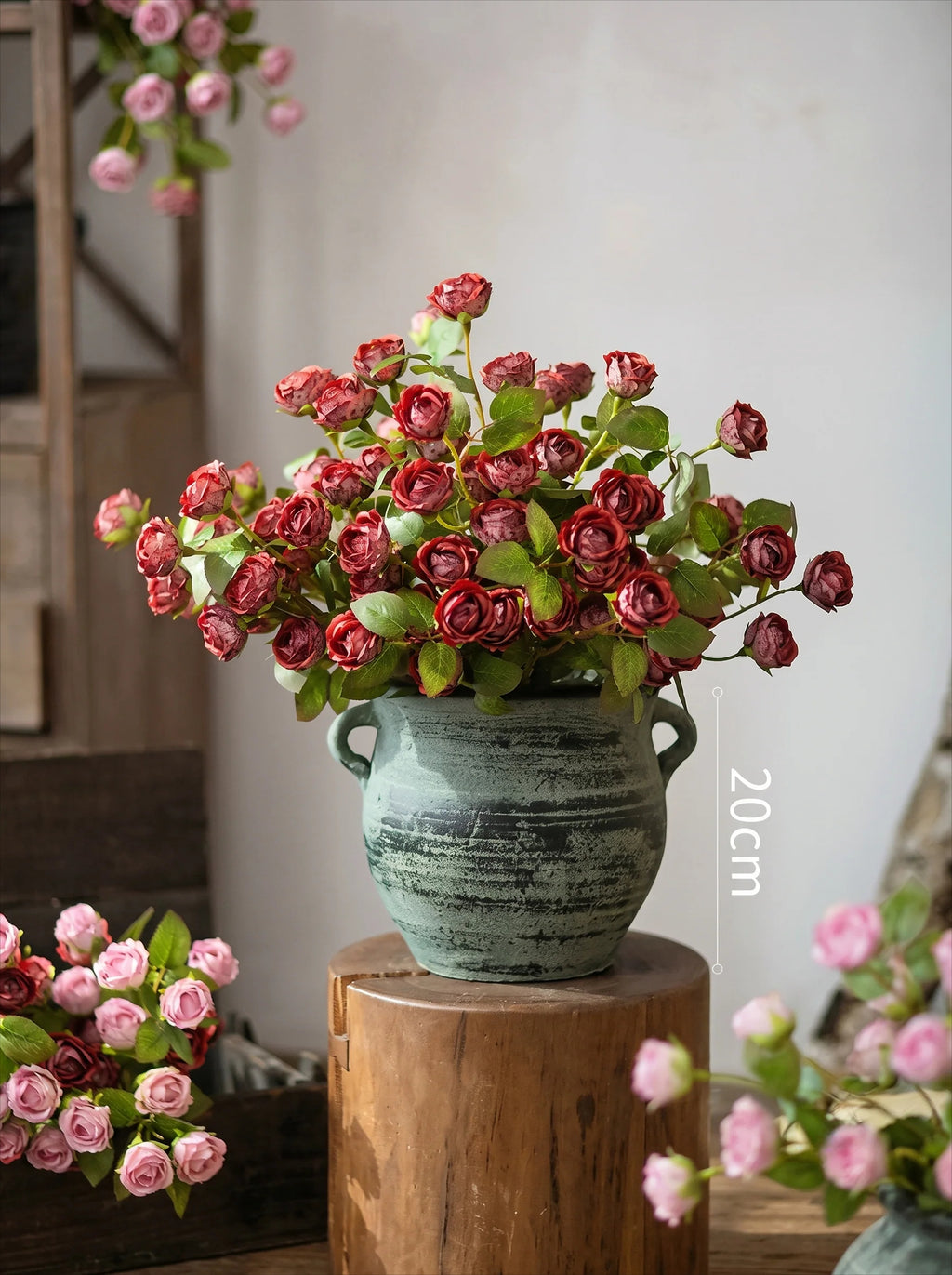 Vintage Crimson Mini Rose Artificial Floral Arrangement with Rustic Elegance