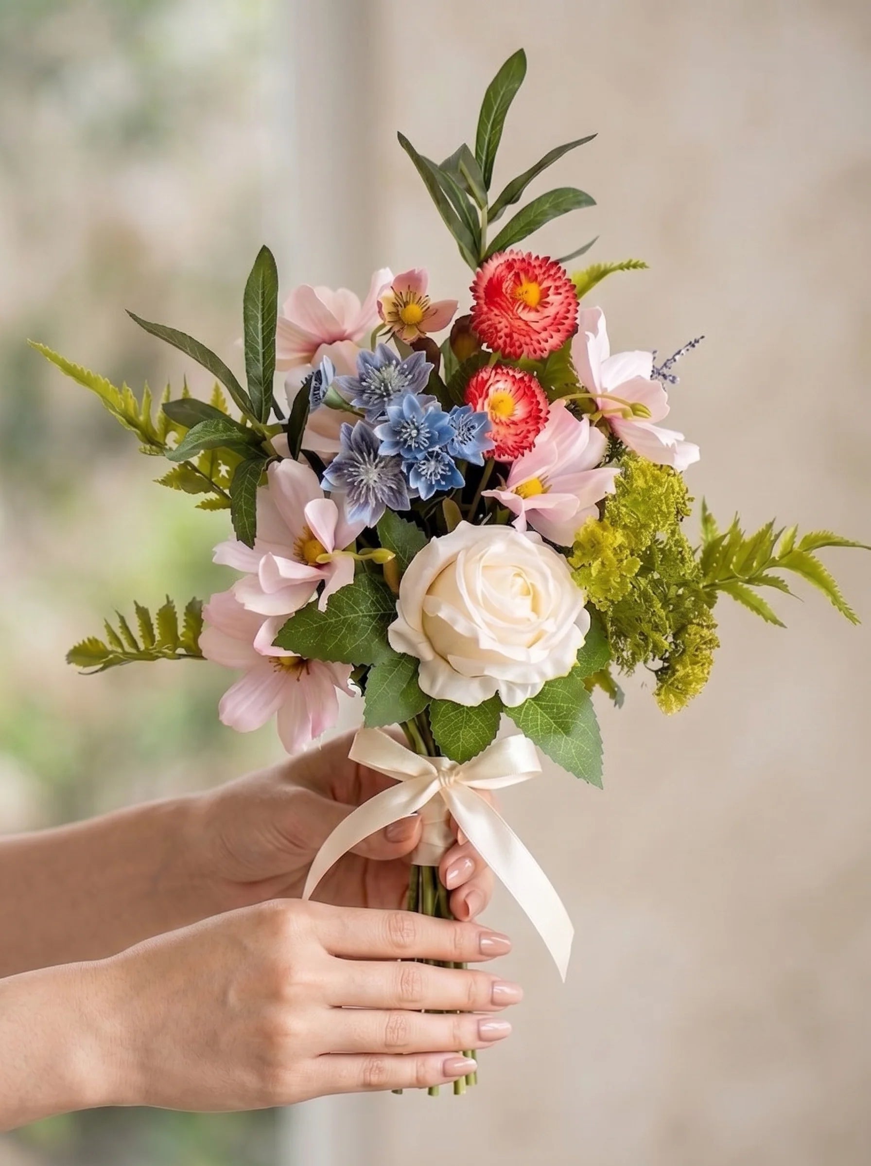 Arrangement floral artificiel multicolore fleurs mélangées avec rose blanche et verdure