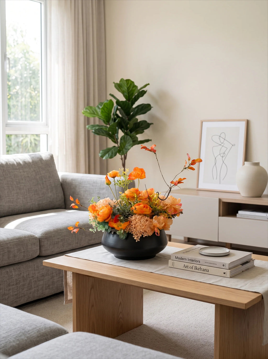 Warm Autumnal Sunset Poppy Asian Zen Artificial Floral Arrangement