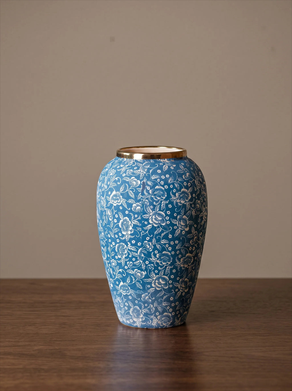 Classic Gilded Blue and White Floral Stoneware Vase
