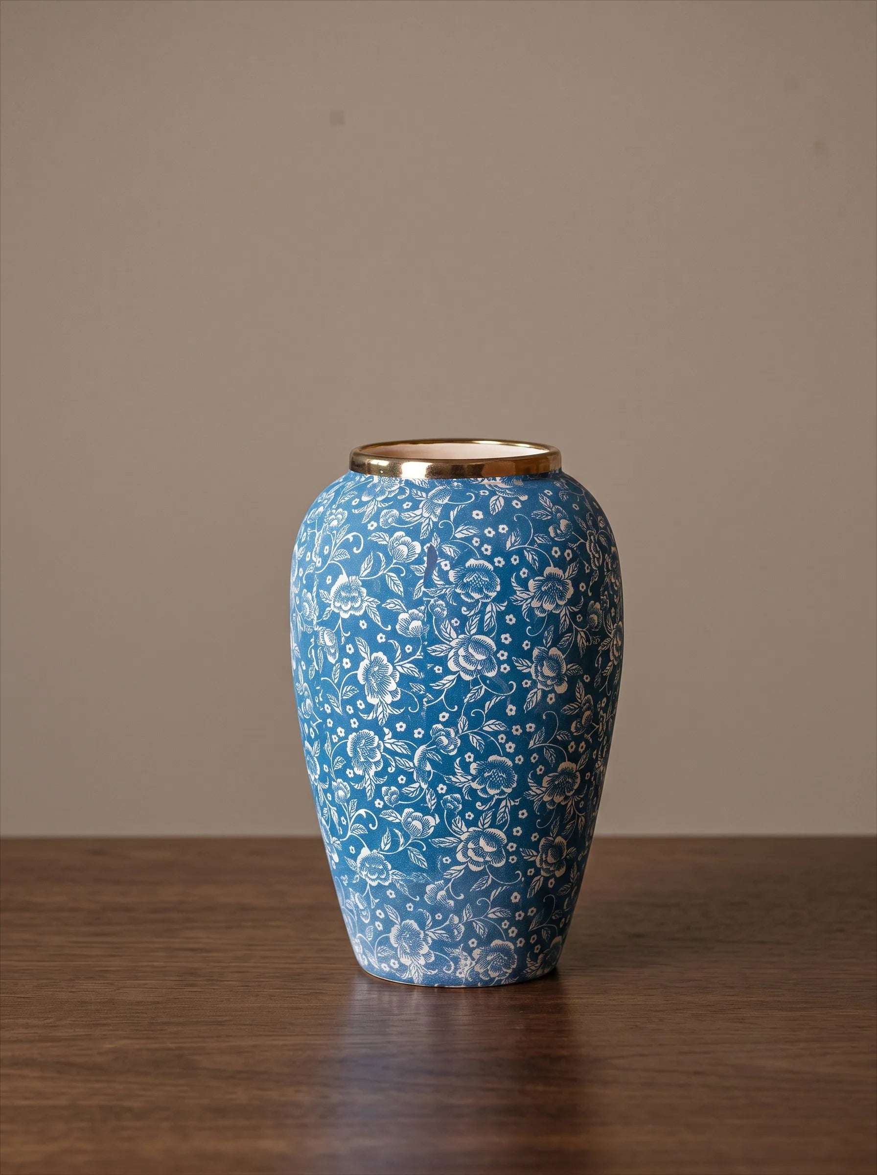 Classic Gilded Blue and White Floral Stoneware Vase
