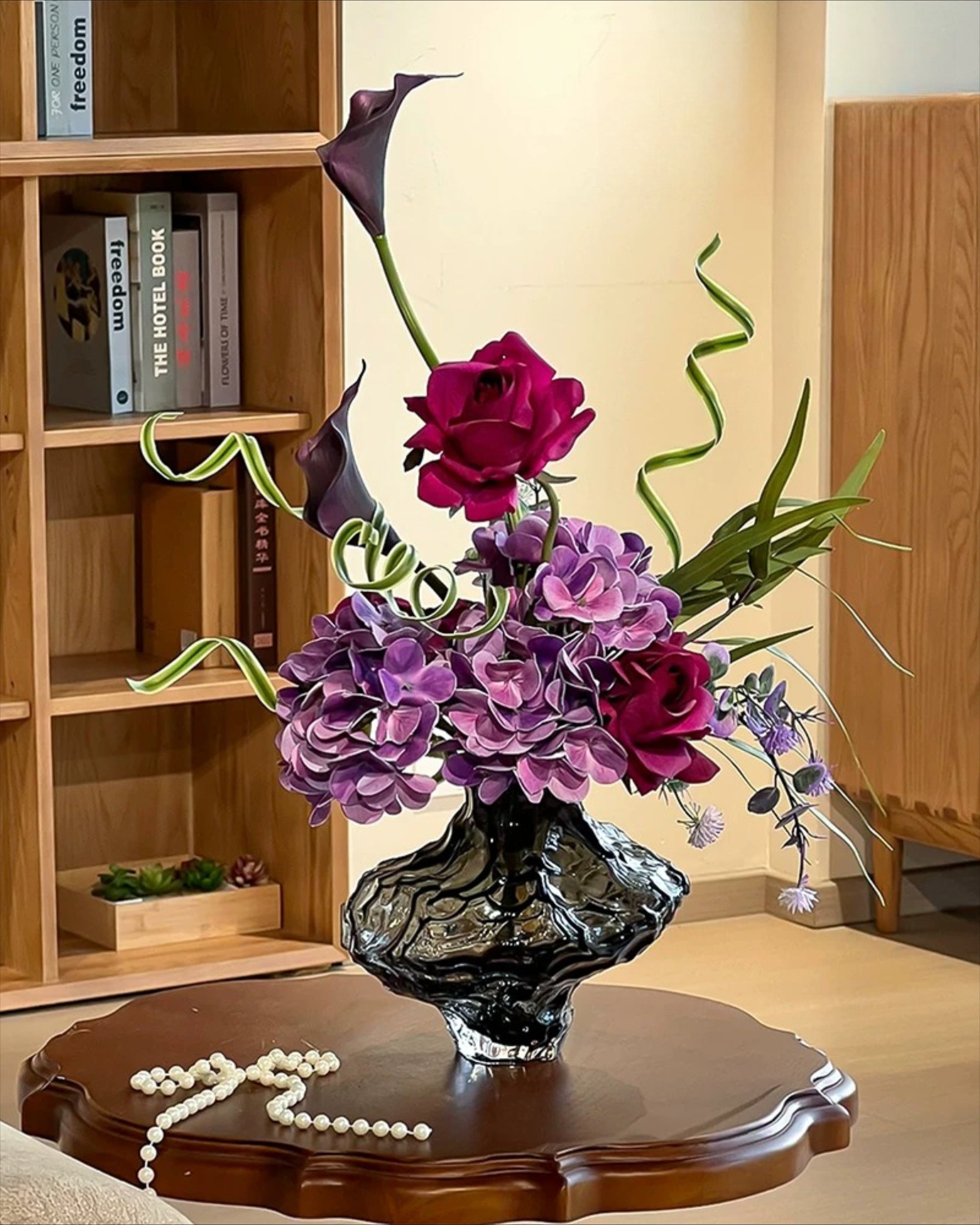 Arrangement floral artificiel Hortensia et Rose Violet Sombre