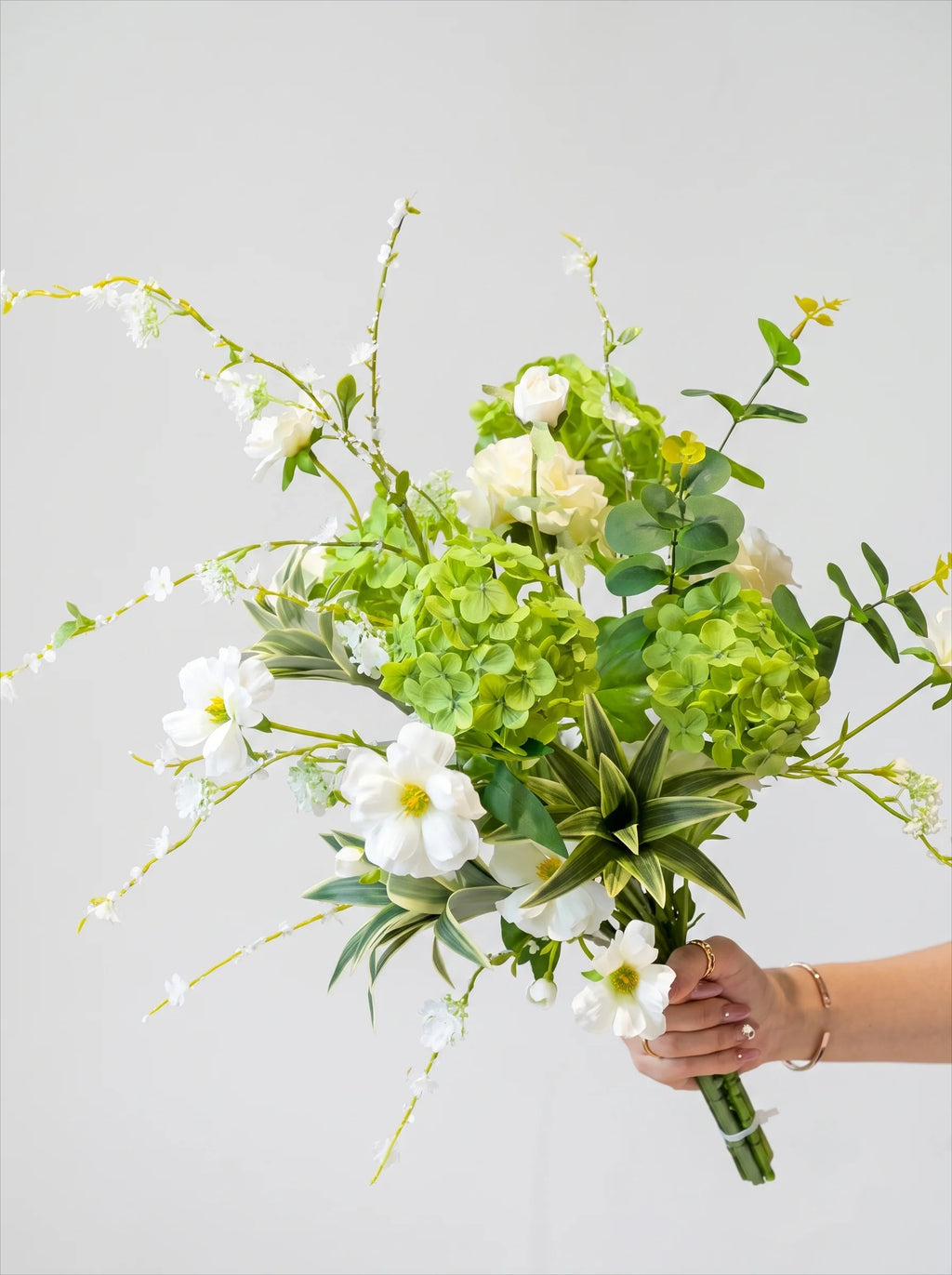 Vintage Fresh Green Hydrangea & White Cosmos Faux Floral Arrangement