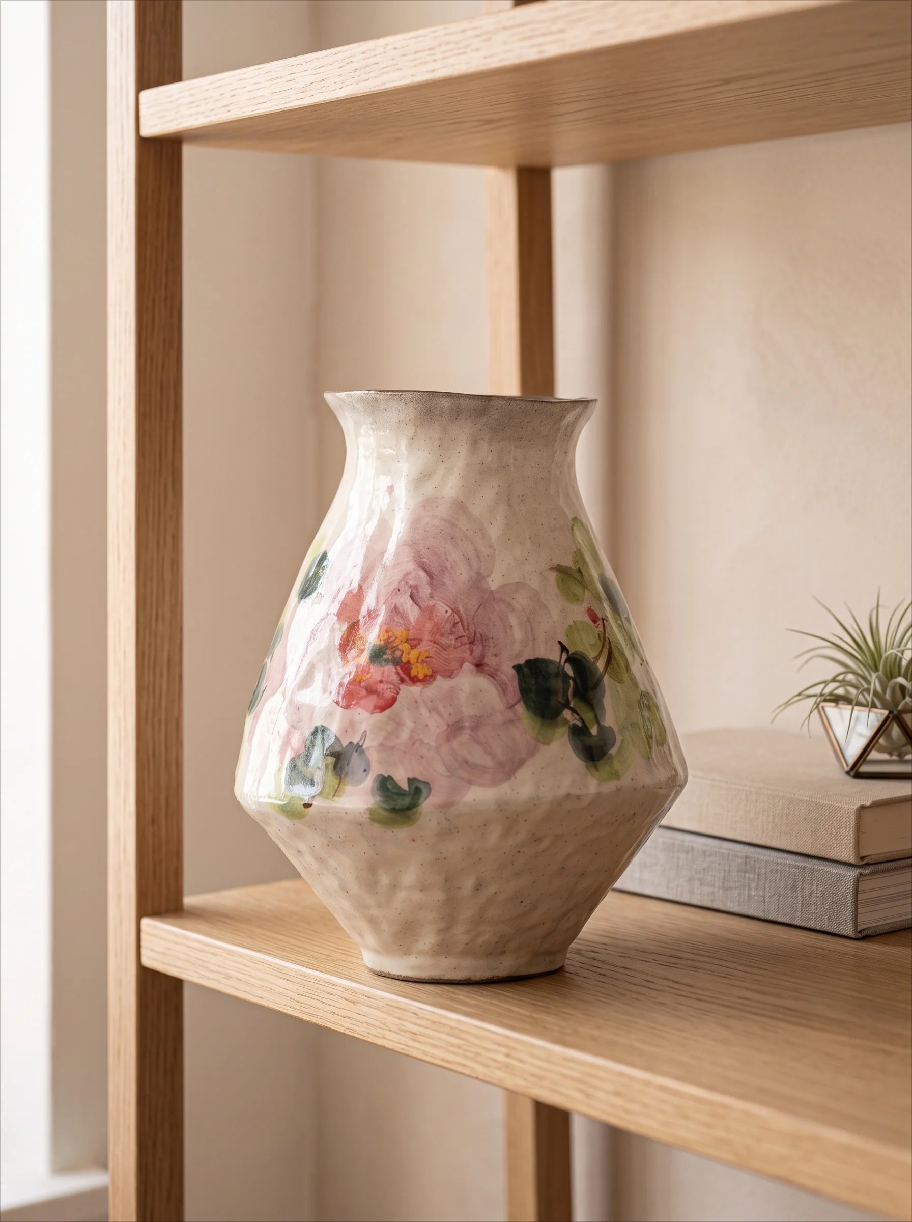 Vintage Chinoiserie Peony Painted Stoneware Vase