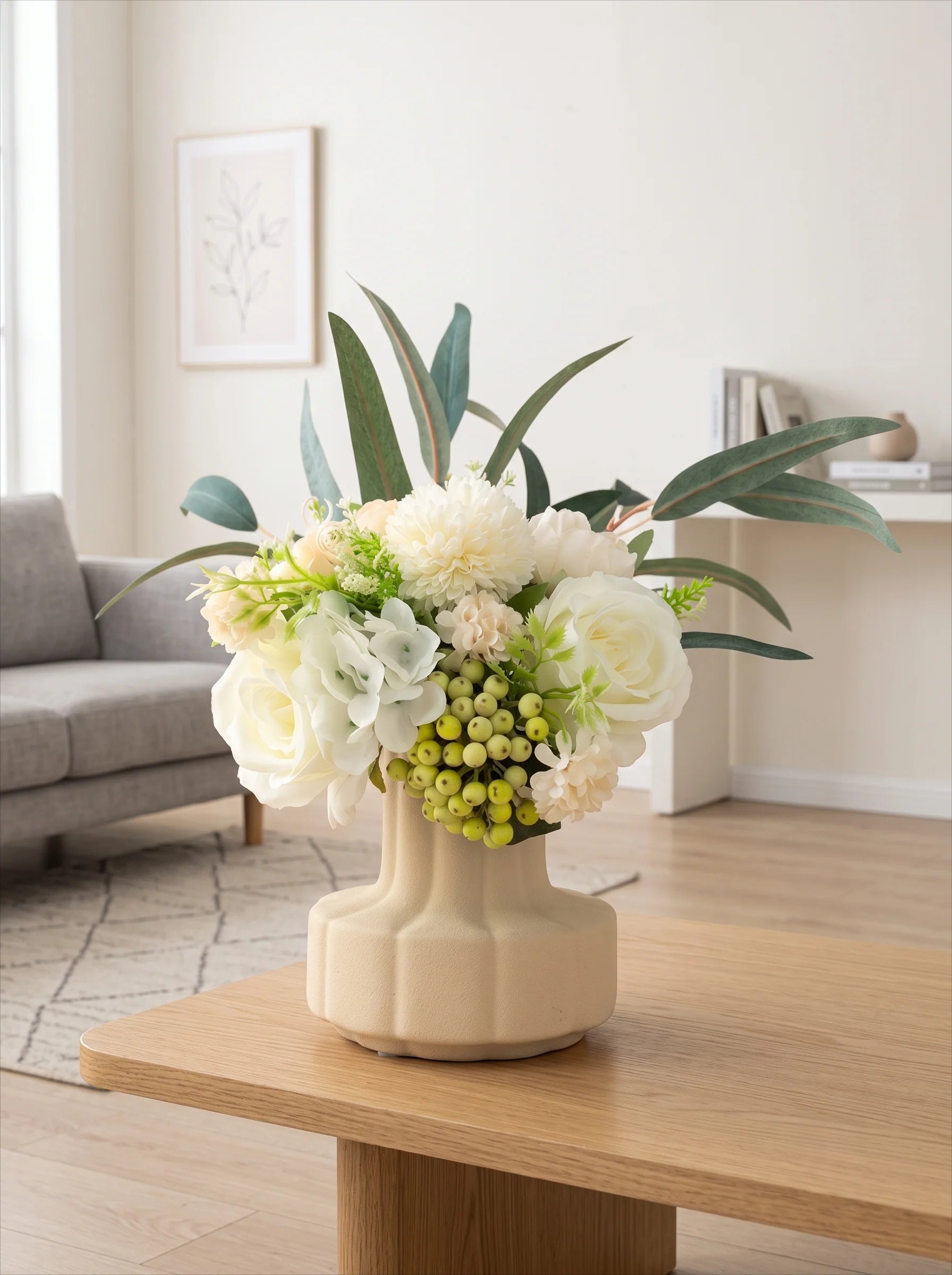Modern Minimalist White Rose & Berry Artificial Floral Arrangement