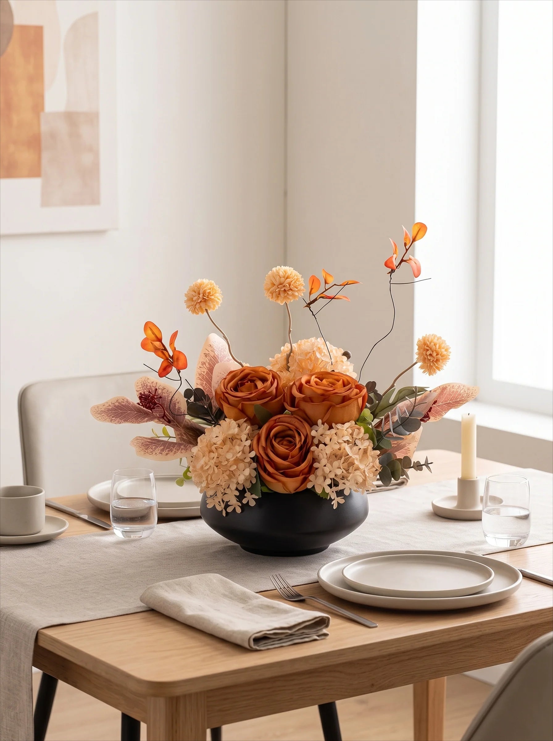 Autumn Rose Artificial Floral Arrangement with Vase