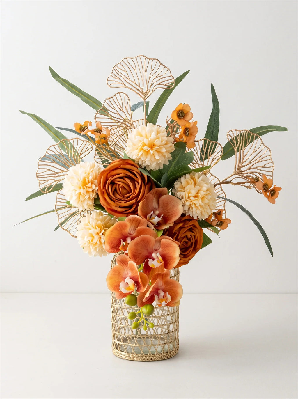 Luxury Mid-Century Amber Orchid Artificial Floral Arrangement