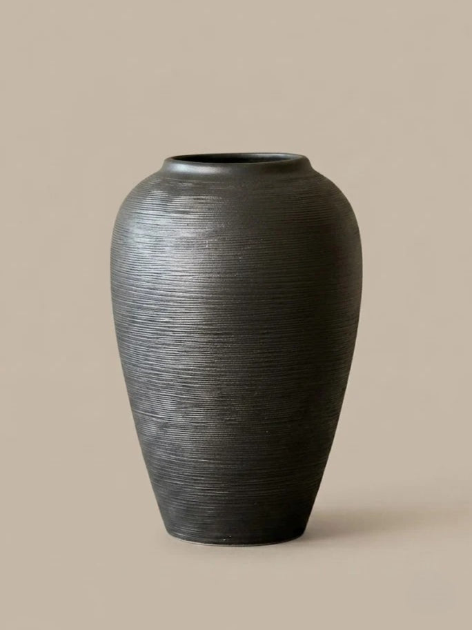 Modern Minimalist Ribbed Charcoal Black Ceramic Vase