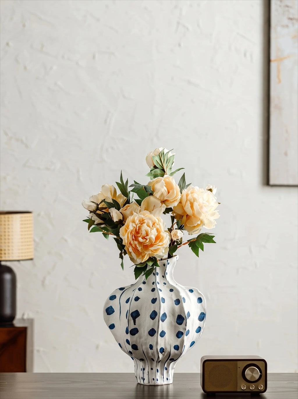 Elegant Sculptural Blue Polka-Dot Ceramic Vase