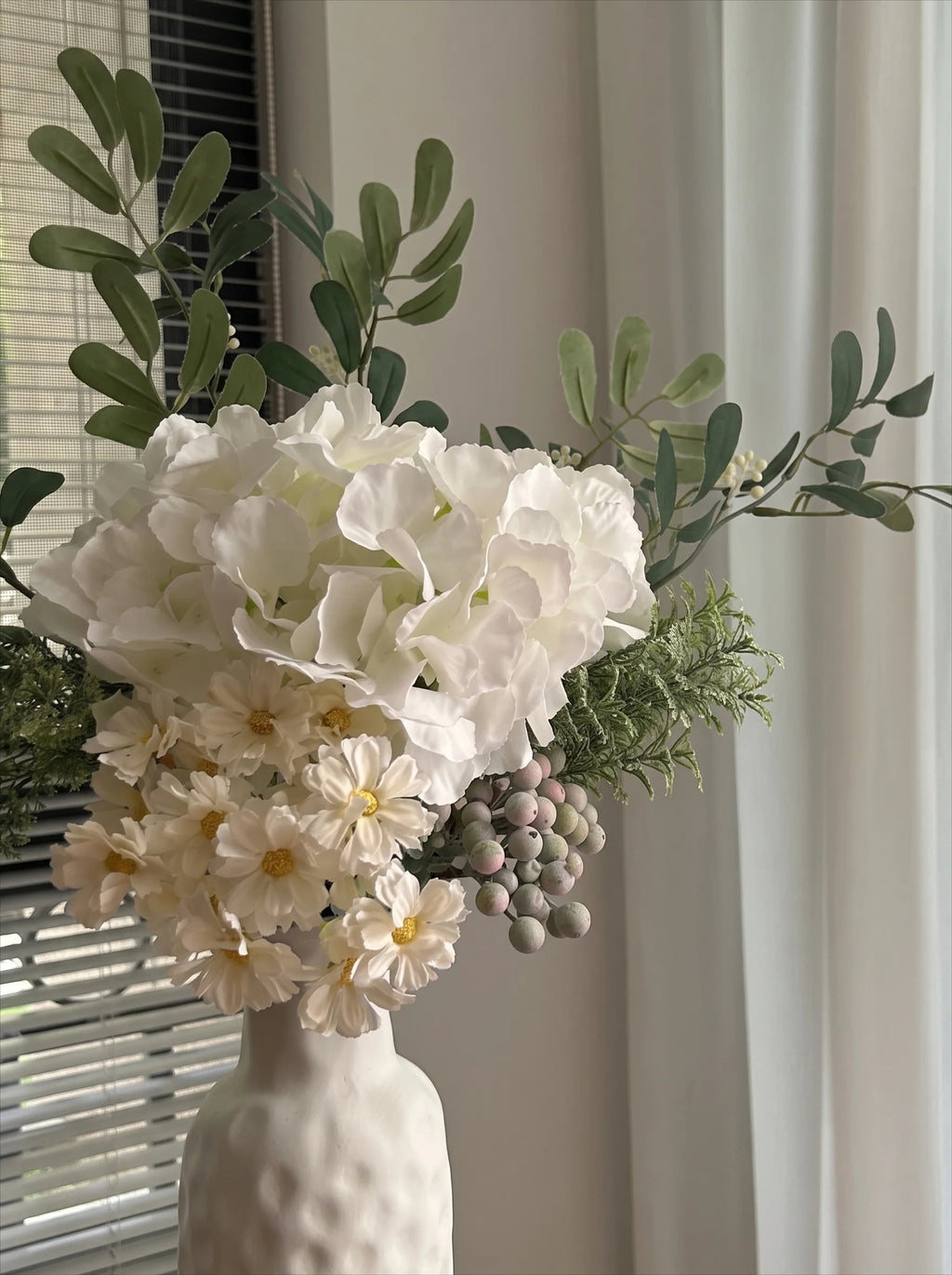 Eucalyptus & White Hydrangea Faux Floral Arrangement