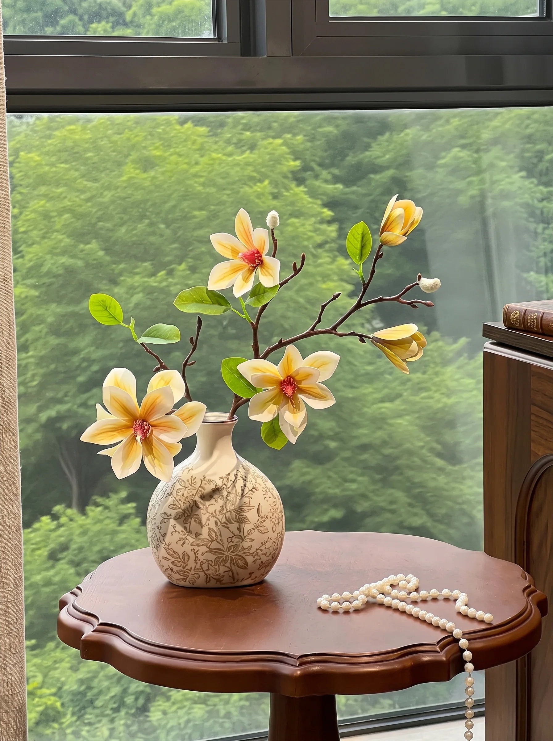 Vintage Yellow Magnolia Faux Floral Arrangement with Vase