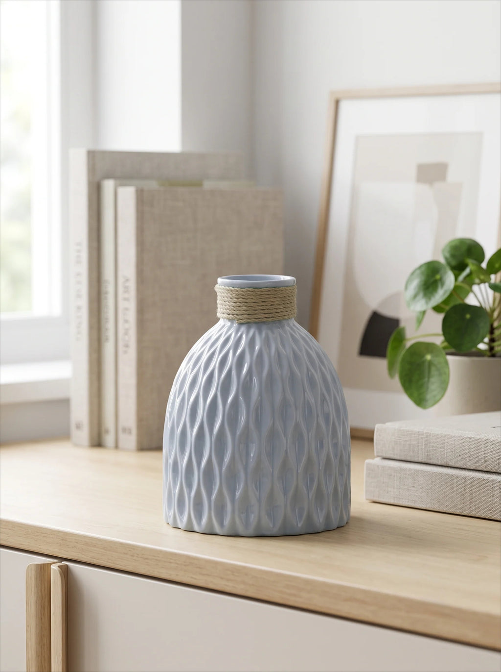 Rope Trimmed Textured Vase - Blue