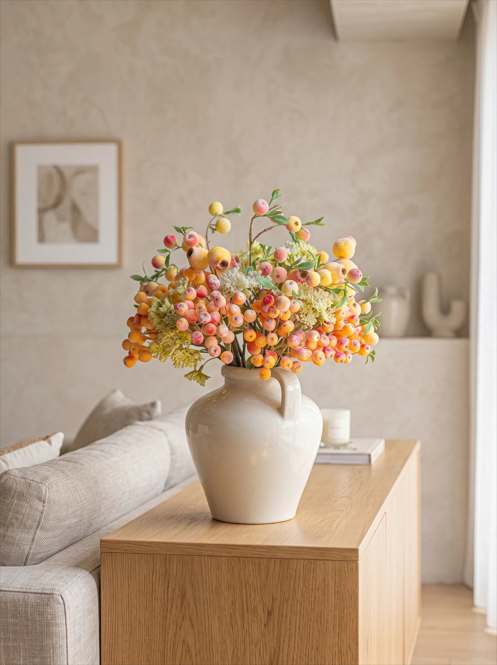 Elegant Orange-Toned Faux Blueberry & Berry Branch Arrangement