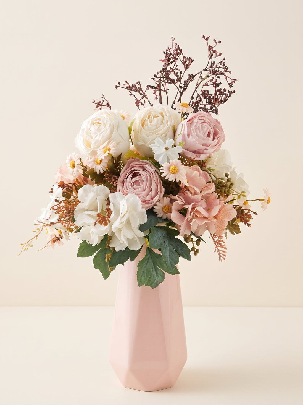 French Country Creamy Pink Rose Daisy Faux Floral Arrangement