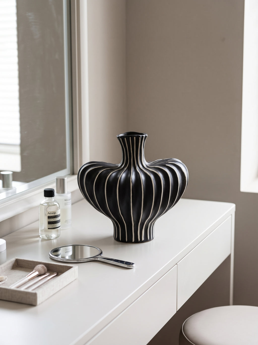 Modern Black White Striped Sculptural Vase