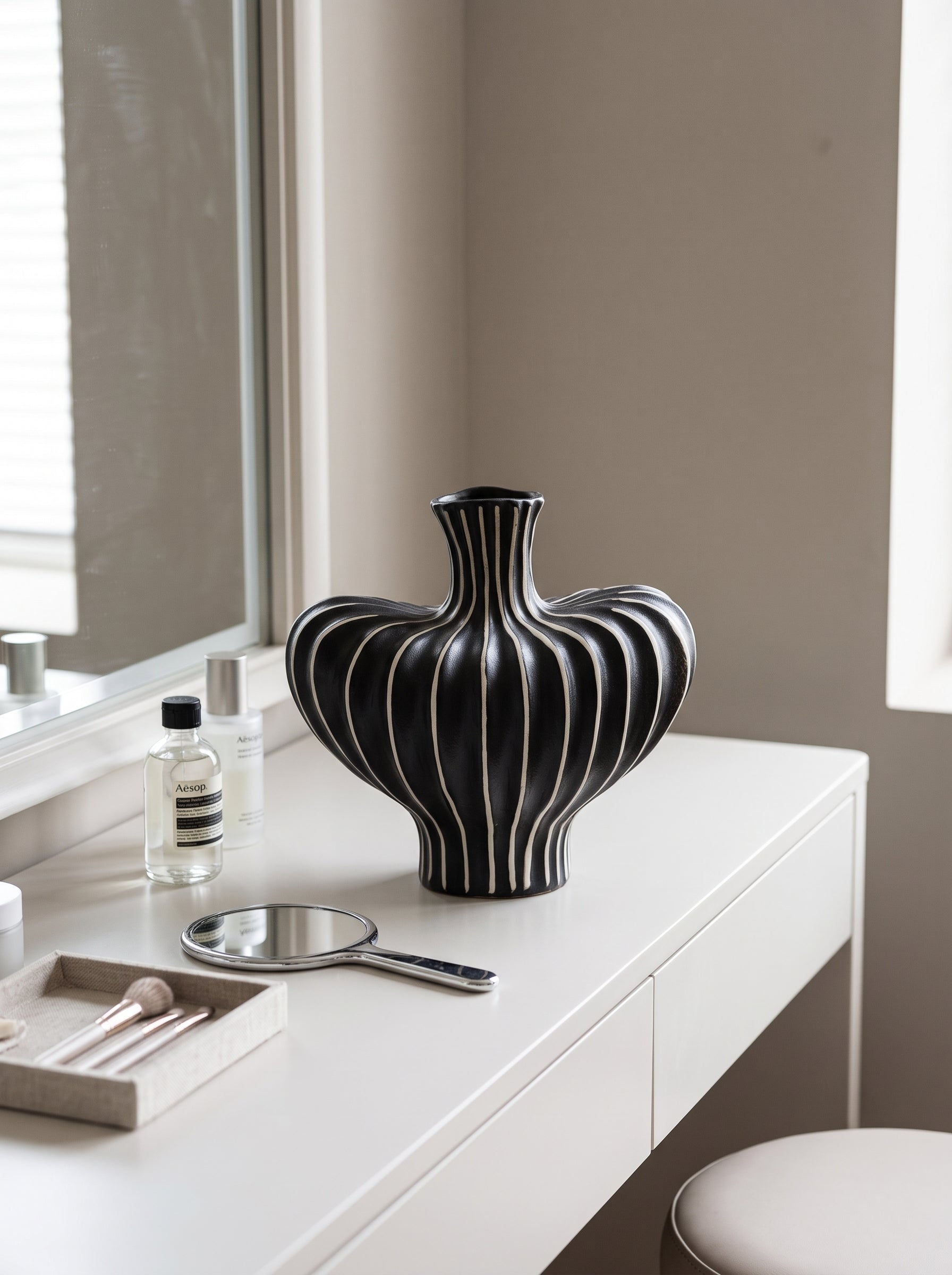Modern Black White Striped Sculptural Vase