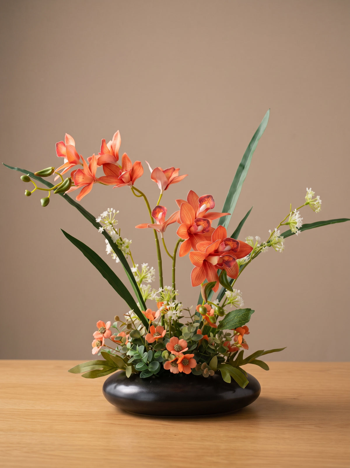 Zen Asian-Inspired Coral Orchid Botanical Faux Floral Arrangement