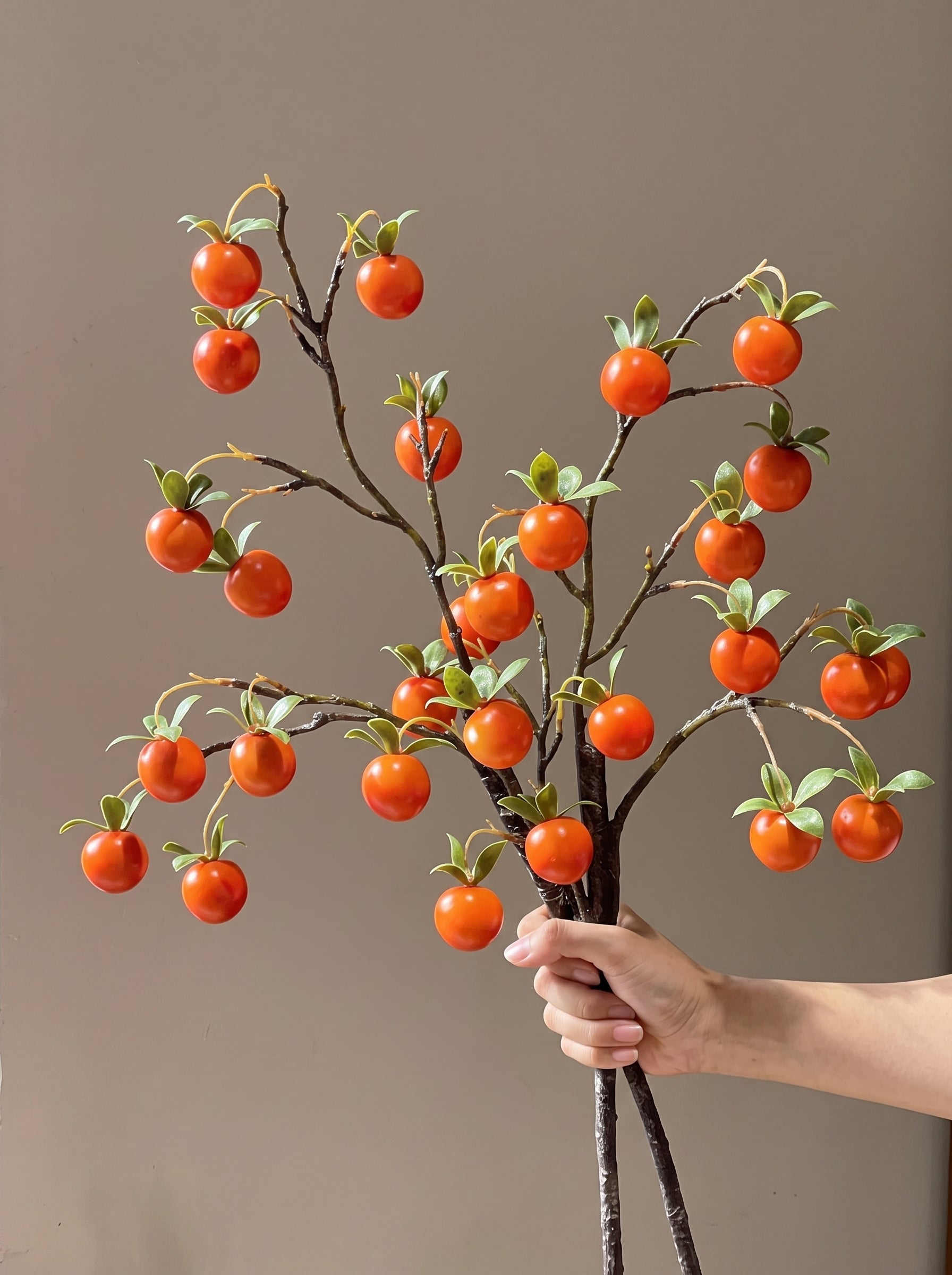 Golden Autumn Persimmon Fruit Botanical Branch Artificial Floral Arrangement