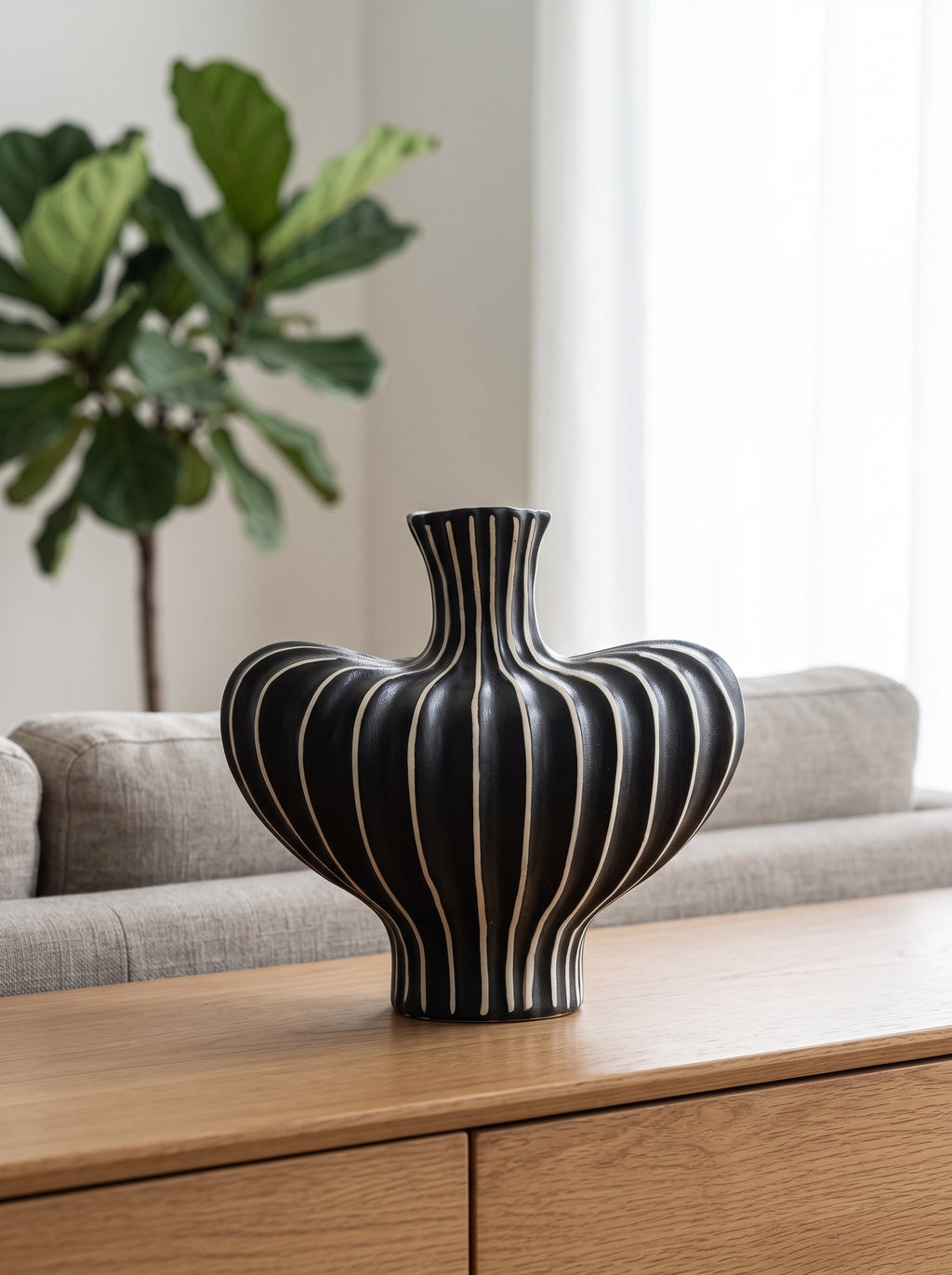 Modern Black White Striped Sculptural Vase