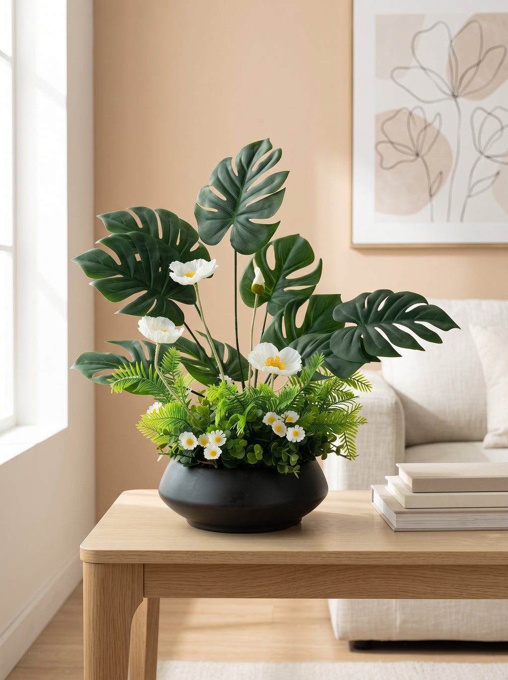 Modern Tropical White Daisy Faux Floral Arrangement
