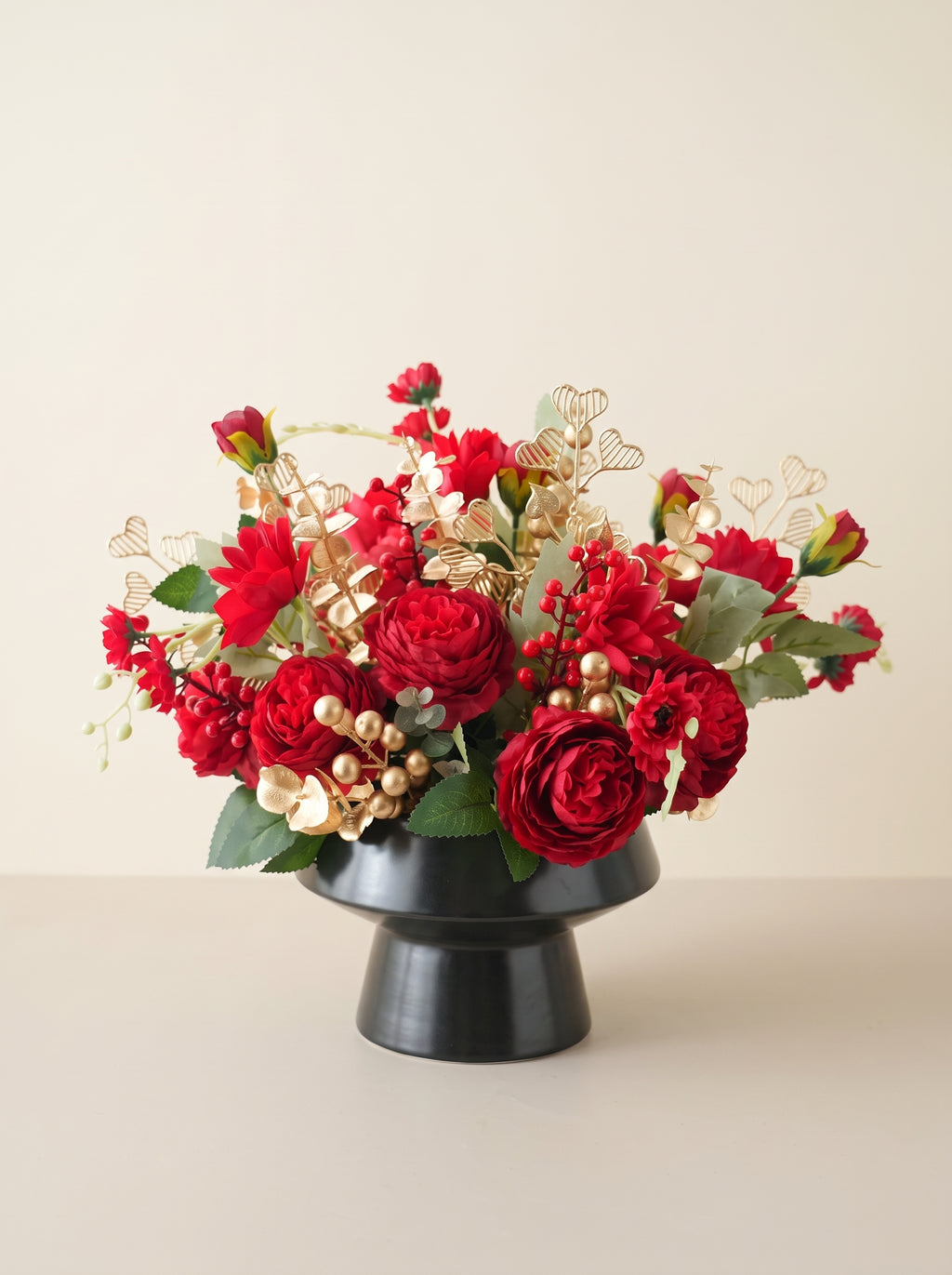 Luxury Red Rose and Golden Berry Faux Floral Arrangement