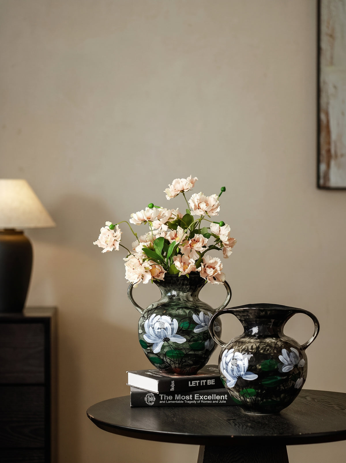 Hand-Painted White Lotus Two-Handled Vase