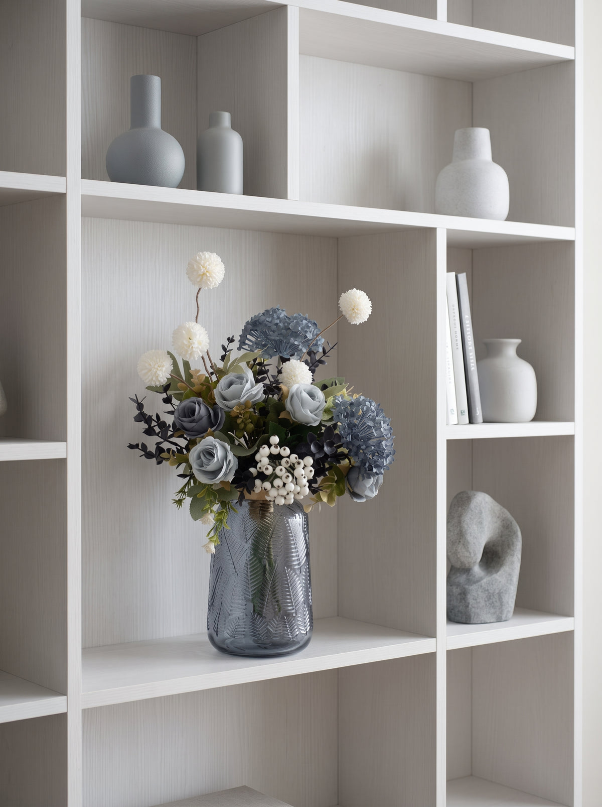 Dusty Mint Blue Rose and White Pom-Pom Faux Floral Arrangement