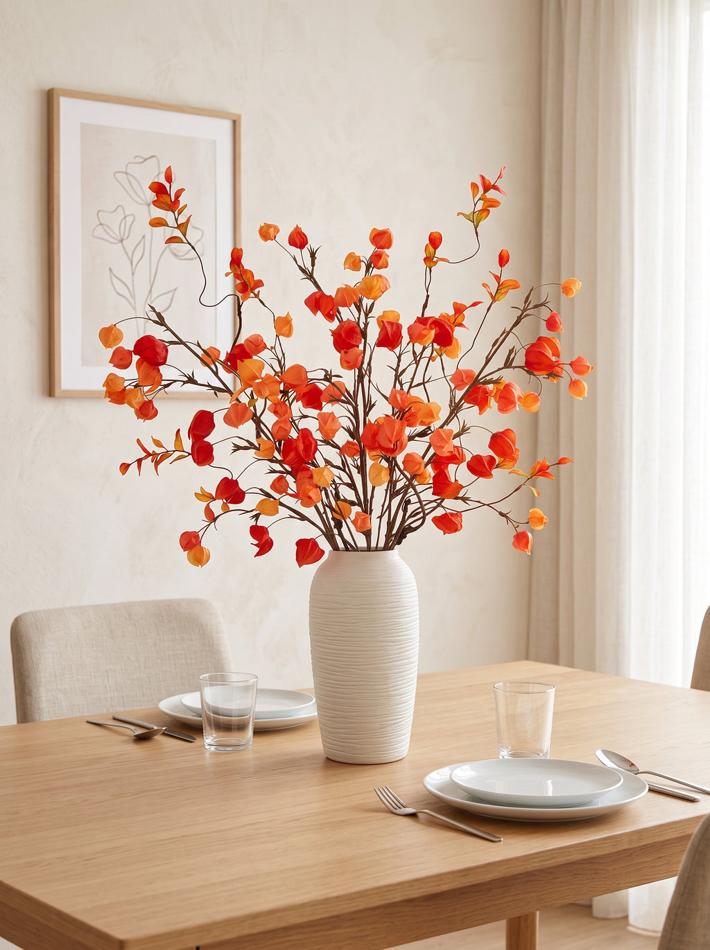 Franse plattelandsstijl met warme terracotta-kleurige physalis, kunstbloemschikking