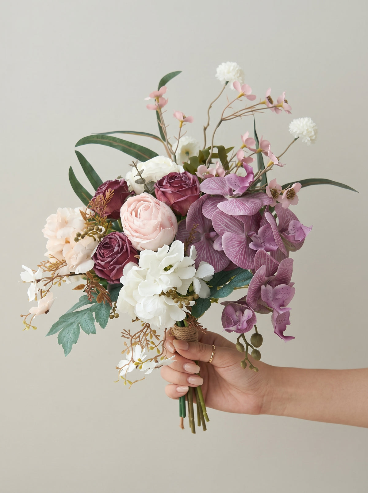 Dusty Purple Orchid and Rose Faux Floral Arrangement