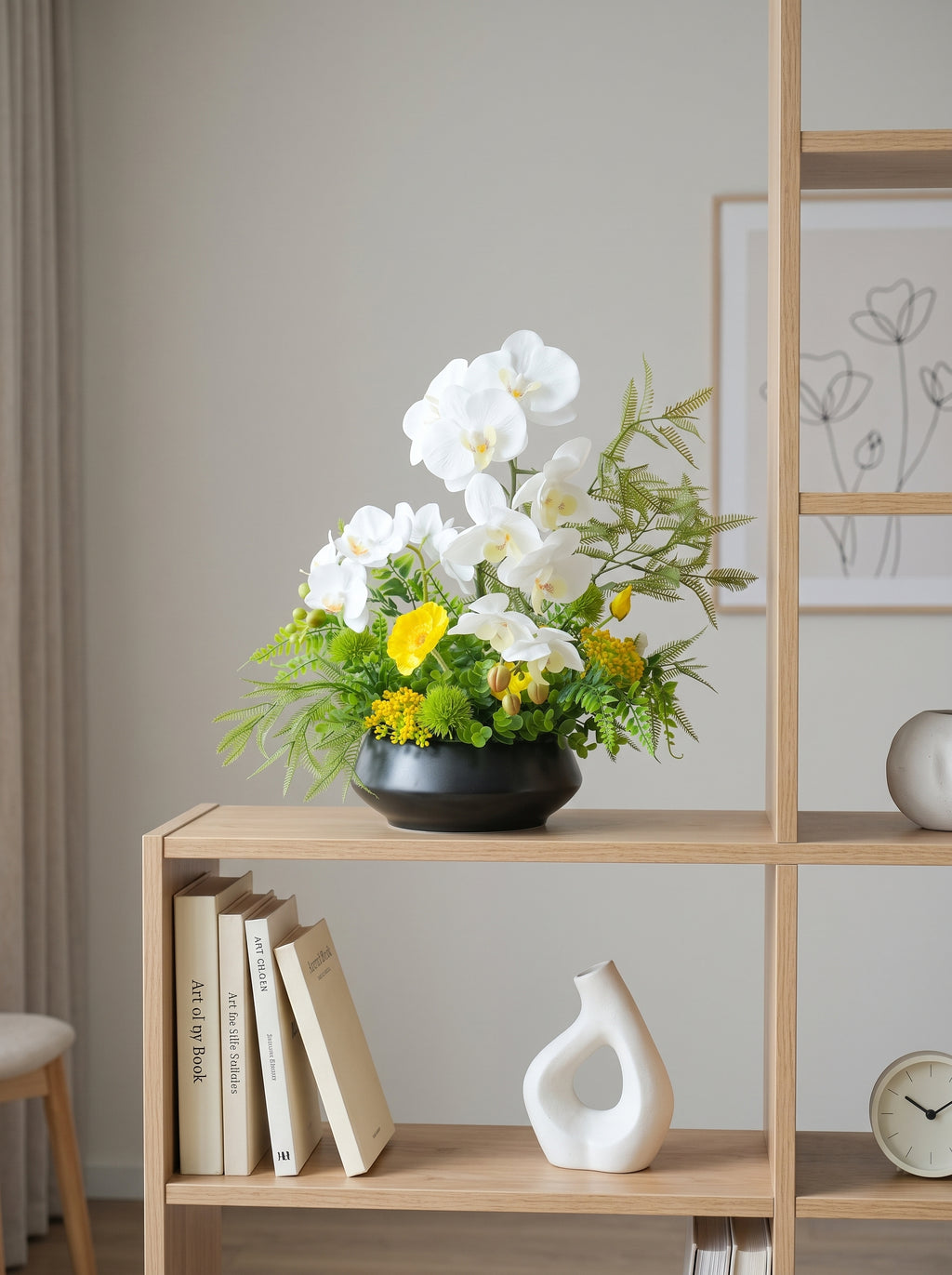 White Phalaenopsis Orchid and Fern Faux Floral Arrangement