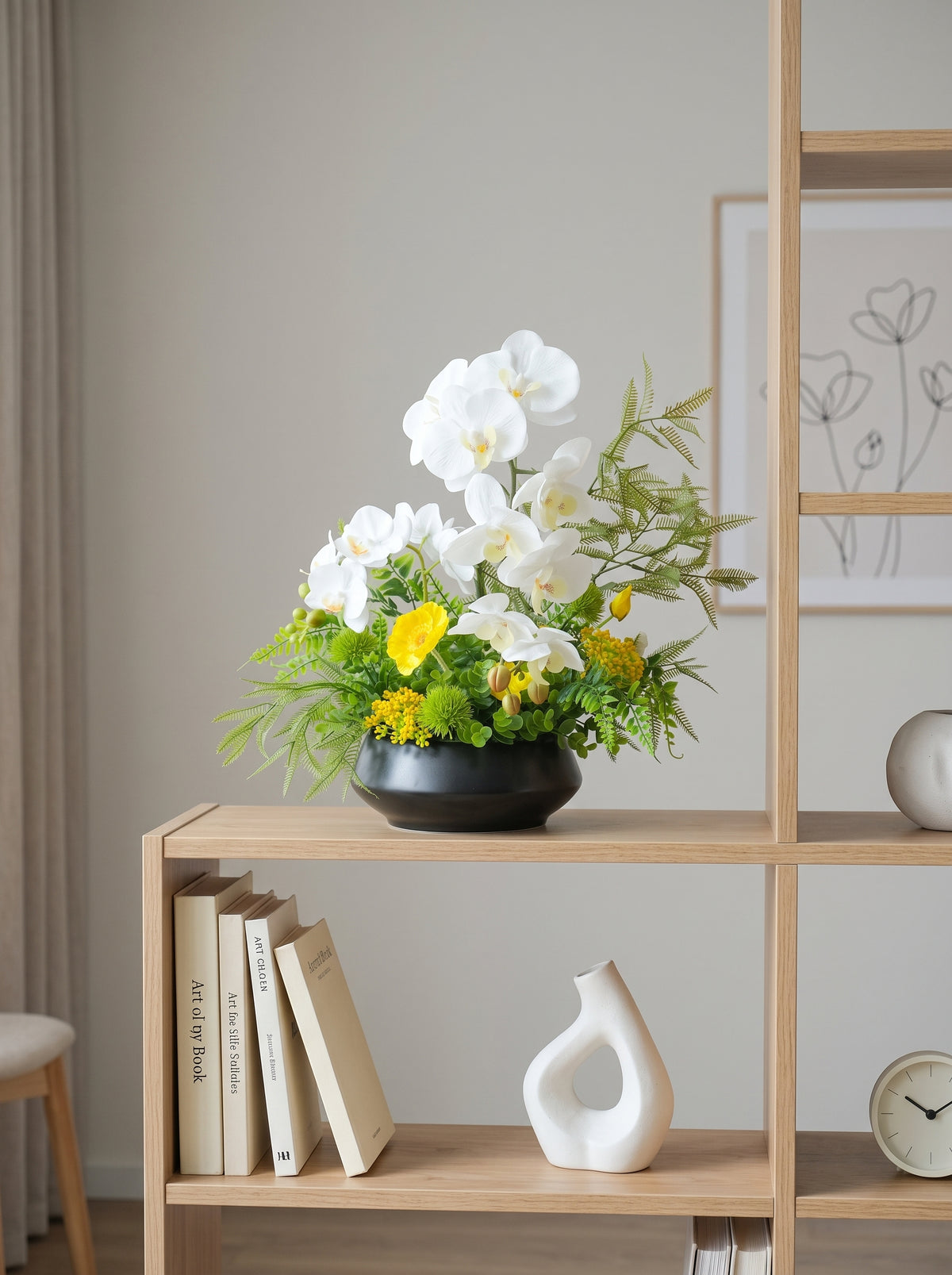White Phalaenopsis Orchid and Fern Faux Floral Arrangement