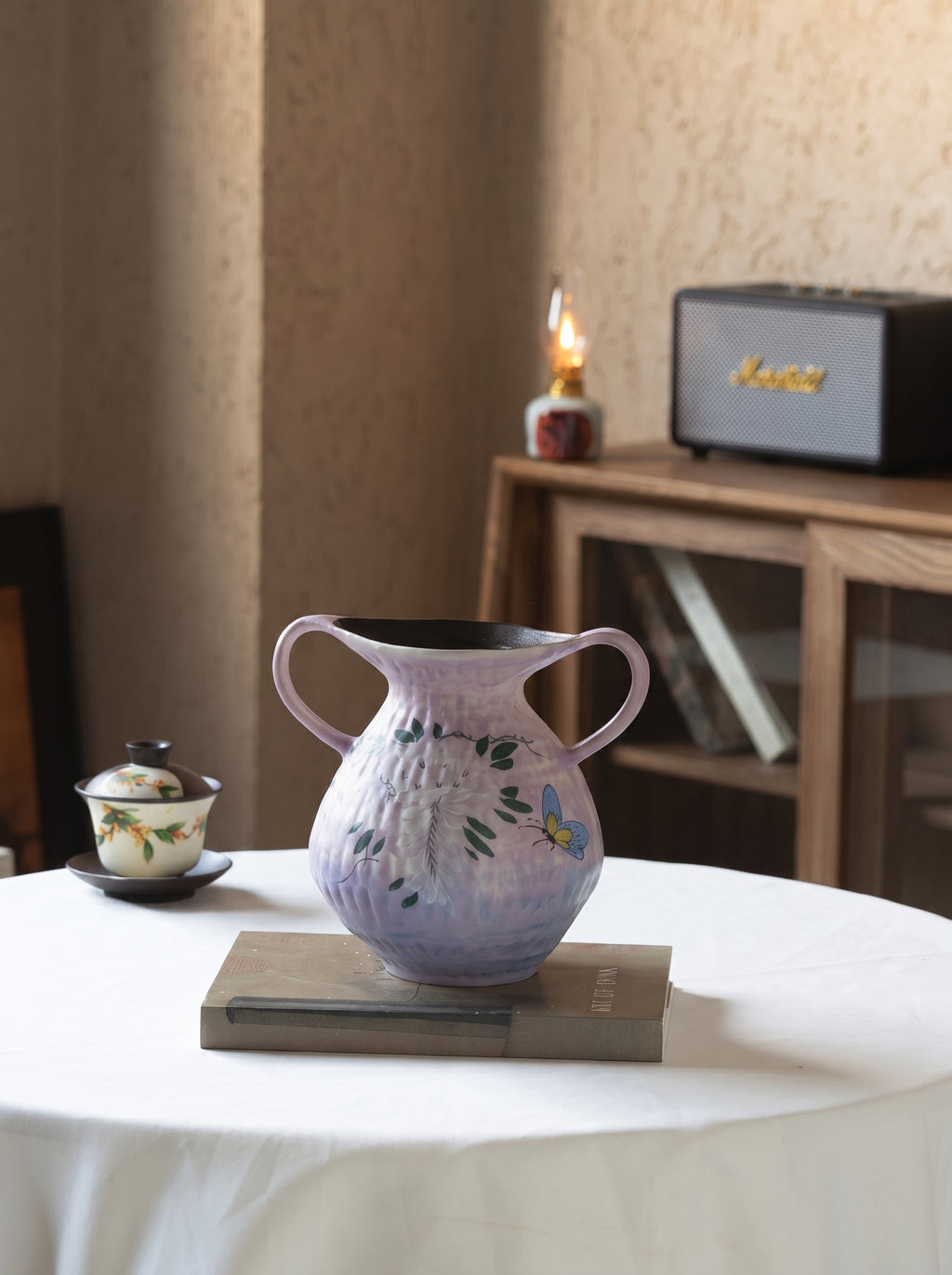 Hand-Painted Botanical Double Handle Lavender Vase