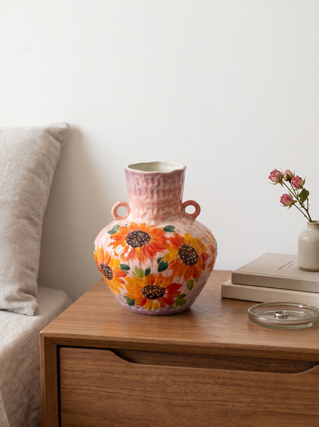 Hand-painted Pink Sunflower Twin-Handle Ceramic Vase
