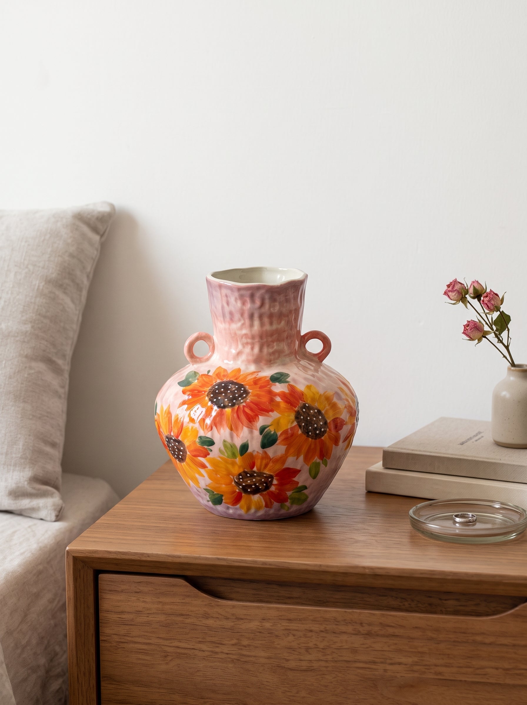 Hand-painted Pink Sunflower Twin-Handle Ceramic Vase
