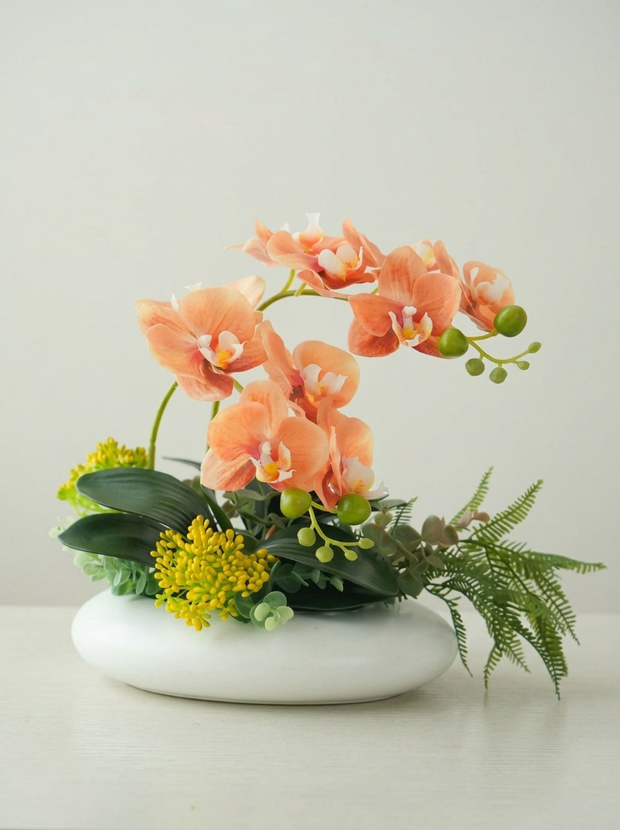 Zen Apricot Phalaenopsis Orchid Botanical Faux Floral Arrangement