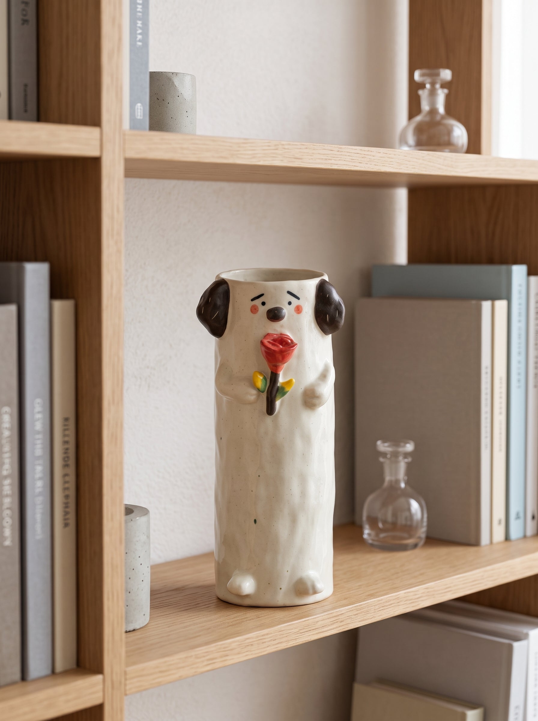 Artisanal Whimsical Dog Holding Rose Vase