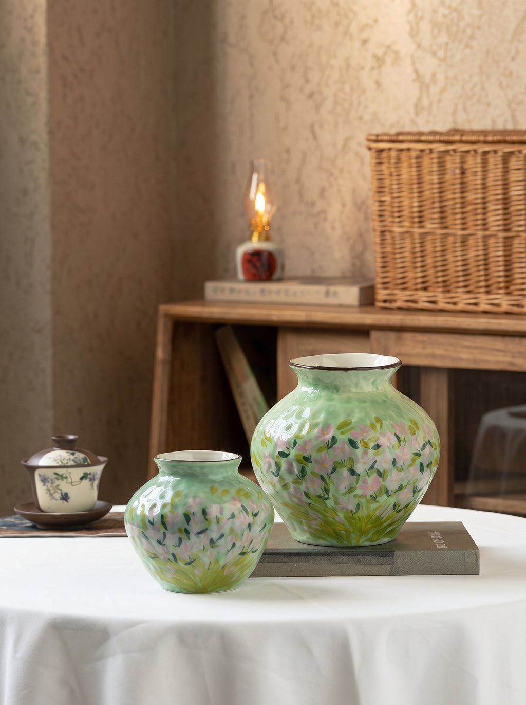 Impressionist Floral Hand-painted Green Ceramic Vase