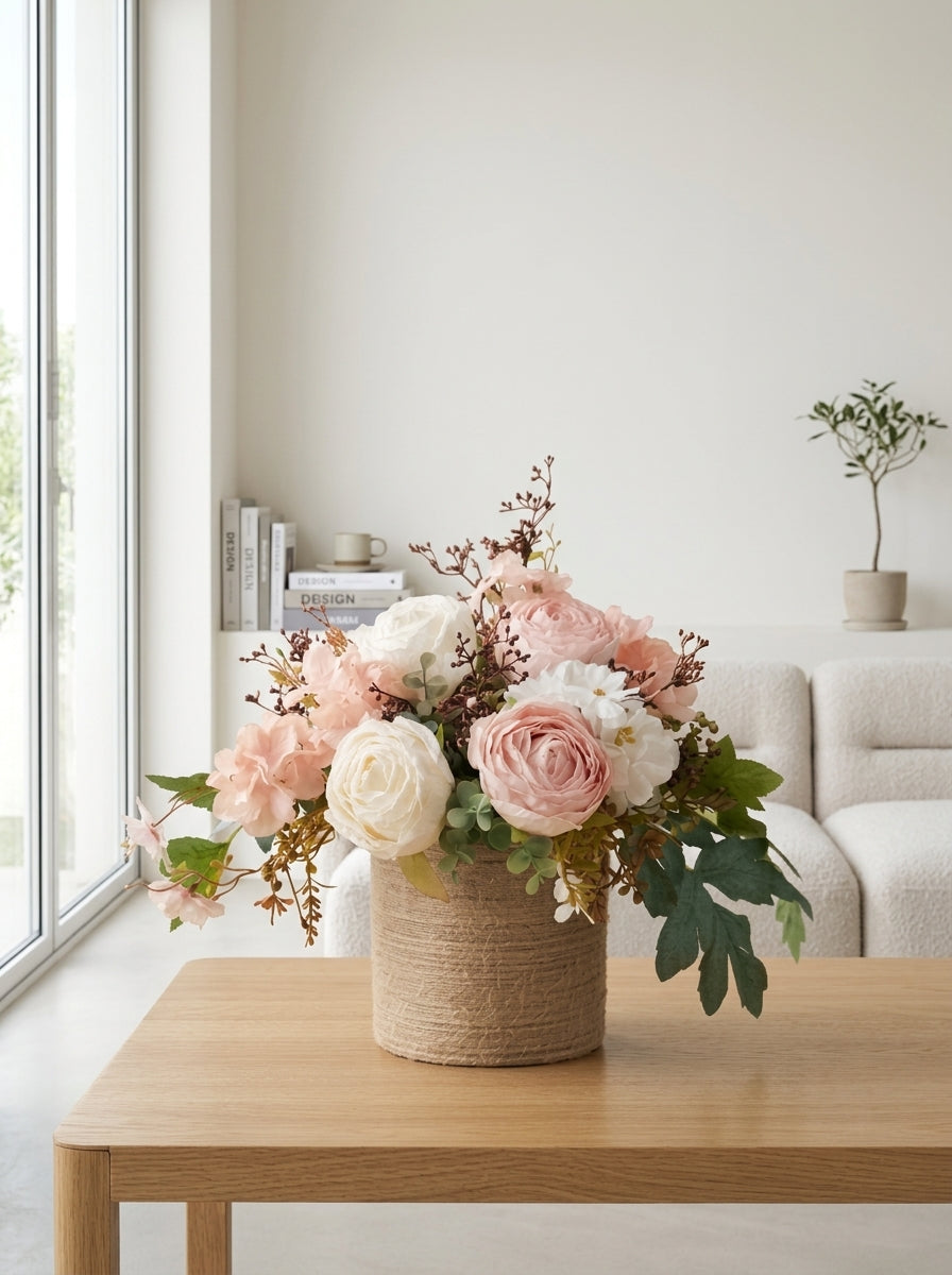 French Romantic Blush Pink Rose Woven Vase Faux Floral Arrangement