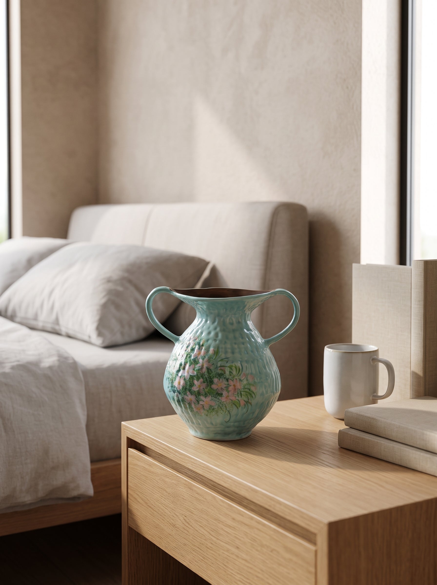 Hand-Painted Floral Double Handle Teal Vase